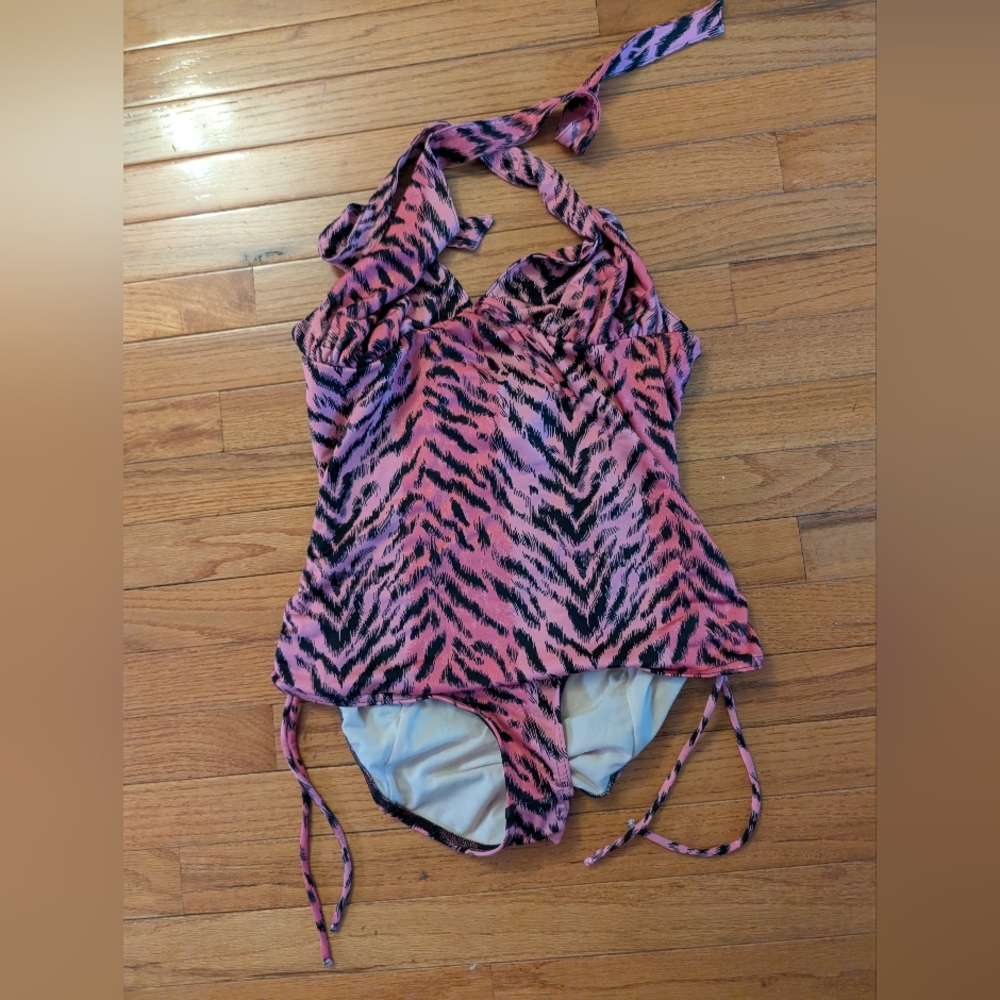 Pink and Black Animal Print Halter Swimsuit